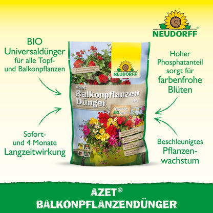 Neudorff Shop Azet BalkonpflanzenDünger este ideal pentru flori de vară în jardiniere și conține îngrășământ organic complet de înaltă calitate pentru creștere viguroasă și flori strălucitoare.