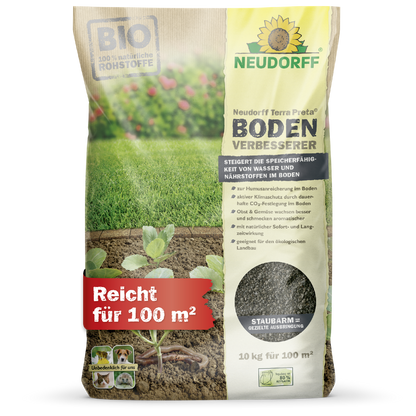 Der Terra Preta BodenVerbesserer von Neudorff Shop ist ein biologischer Bodenverbesserer für Rasen und Obst, geeignet für 100 m². Auf der Verpackung sind Produktinformationen und Bilder von Gras, Erde und Setzlingen abgebildet - perfekt, um Ihren Boden zu verbessern.