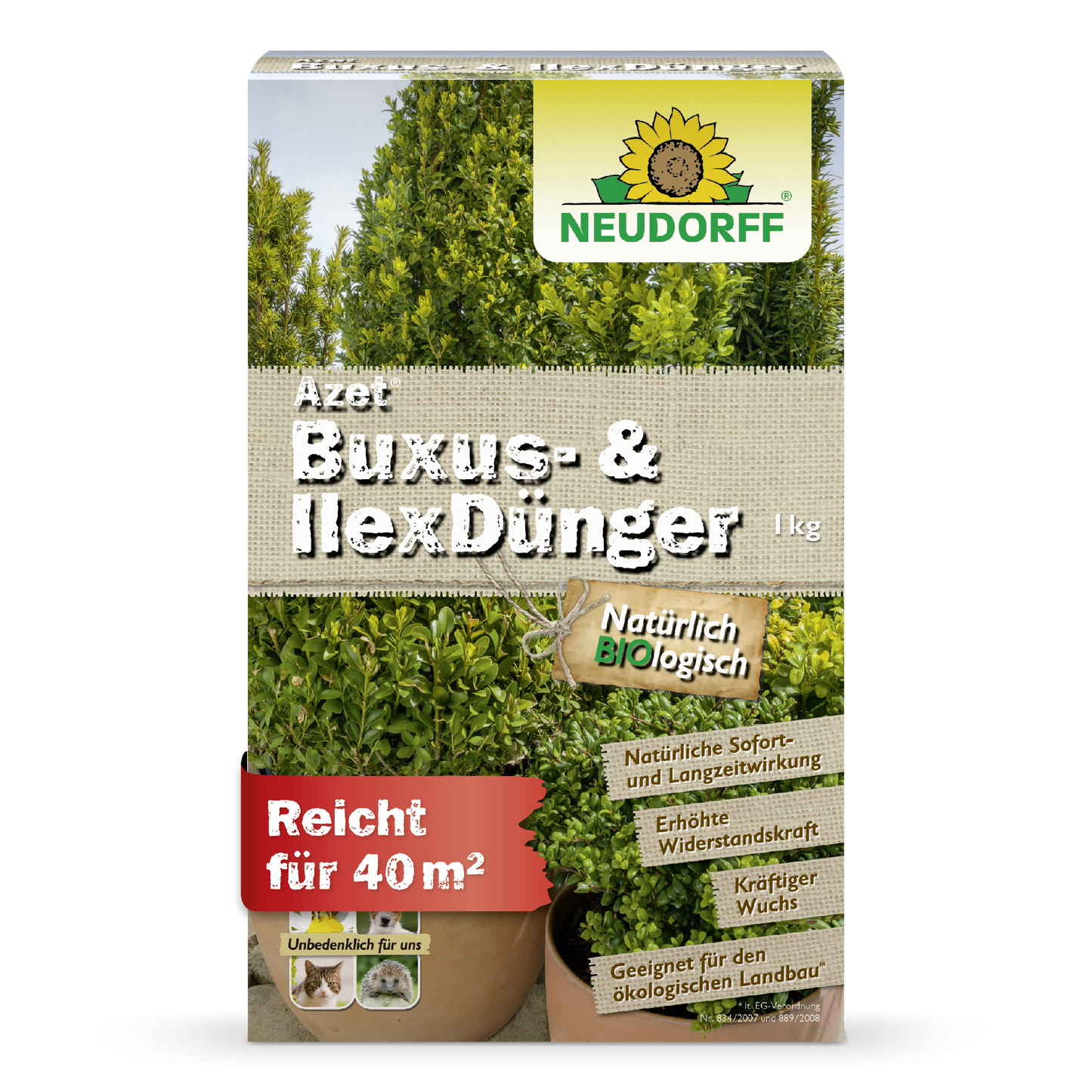 Eine 1 kg Kiste Neudorff Shop Azet Buxus- & IlexDünger mit natürlichen Inhaltsstoffen reicht für 40 m², ideal für Buchsbäume und Stechpalmen und perfekt für den ökologischen Gartenbau.