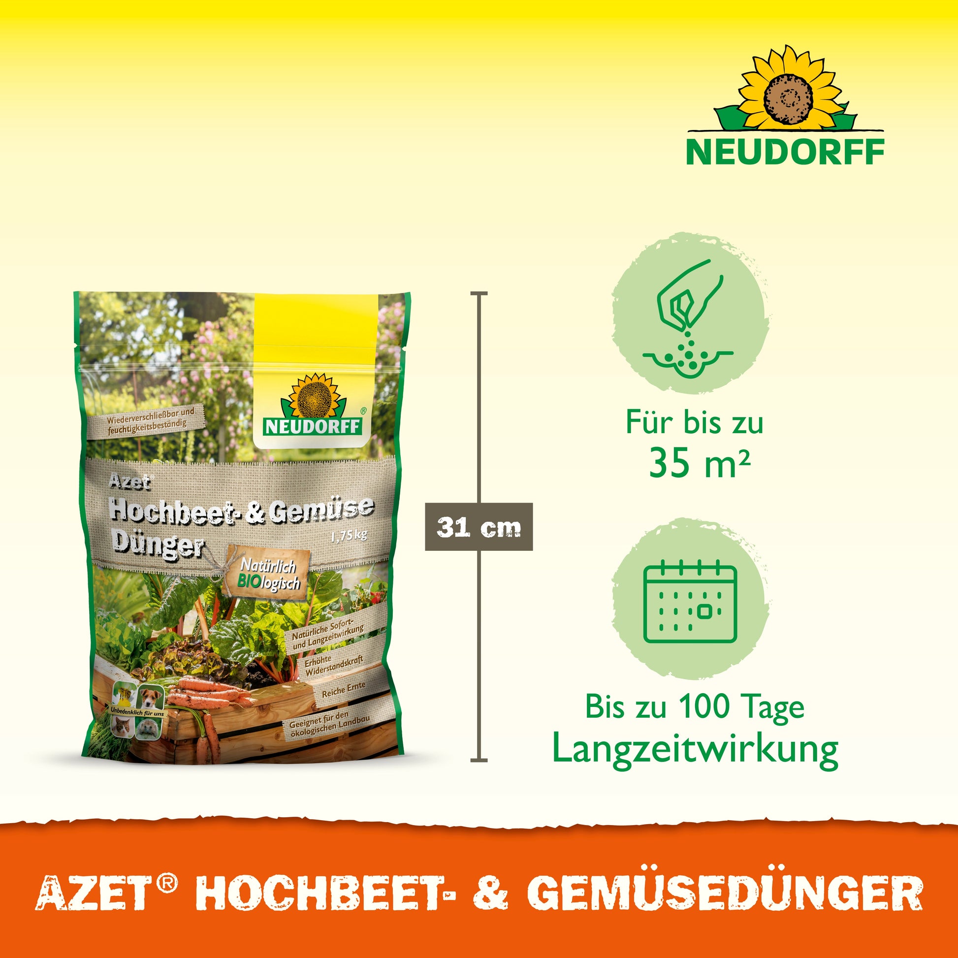 Ein Beutel Neudorff Shop Azet Hochbeet- & GemüseDünger, ideal für Gemüse und Kräuter, ist mit Symbolen für 35 m² Fläche, 31 cm Beutelhöhe und bis zu 100 Tagen Wirksamkeit auf gelbem und orangefarbenem Hintergrund abgebildet.