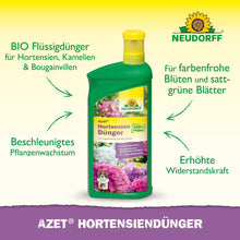 O sticlă verde de Neudorff Shop Azet HortensienDünger lichid cu hortensii pe etichetă și un text care promovează avantajele sale ca îngrășământ organic pentru flori vii și frunziș luxuriant.