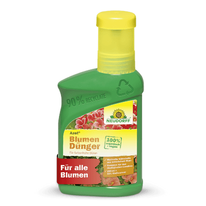 Sticla verde-galbenă Azet Îngrășământ lichid pentru flori de la Neudorff Shop este 100% vegană, promovează creșterea sănătoasă a plantelor și arată flori roz și un banner roșu "Pentru toate florile".