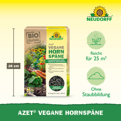 Ein 2,5 kg Beutel Azet Vegane Hornspäne von Neudorff Shop wird präsentiert, mit Icons für 25 m² Reichweite, staubfreie Anwendung und 28 cm Höhe - perfekt für nachhaltiges Pflanzenwachstum und eine reiche Ernte.