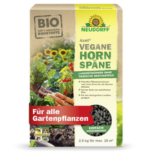 Eine 2,5-kg-Packung Azet Vegane Hornspäne von Neudorff Shop zeigt Gemüse und Pellets auf der Verpackung und betont als veganer, organischer Dünger reichhaltige Ernten und gesundes Wachstum für Gartenpflanzen.