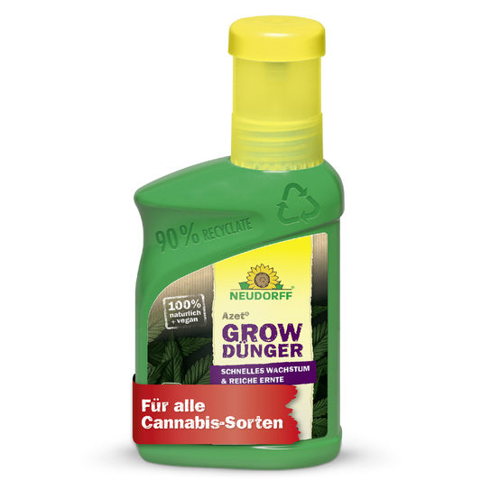 Eine grüne Plastikflasche Neudorff Shop Azet GrowDünger mit einer gelben Kappe; auf dem Etikett steht, dass er zu 90% recycelt, vegan, 100% natürlich und perfekt für den Cannabisanbau und alle Cannabissorten ist.