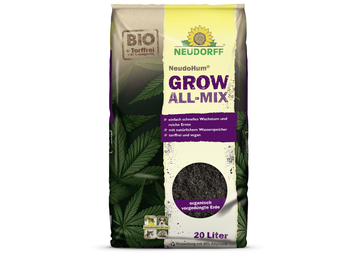Un sac de 20 litri NeudoHum Grow All-Mix de la Neudorff Shop în ambalaj maro-violet cu etichete "BIO" și "fără turbă", dezvoltat pentru cultivarea cannabisului și o înflorire sănătoasă.