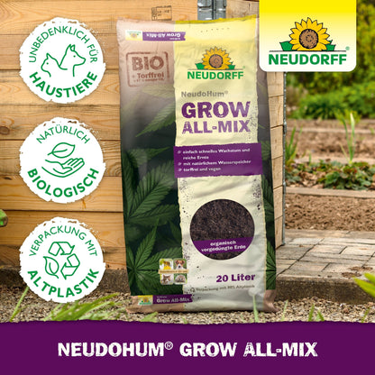 Un sac de 20 litri NeudoHum Grow All-Mix de la Neudorff Shop este prezentat în aer liber. Ambalajul evidențiază siguranța pentru animale de companie, ingredientele biologice și plasticul reciclat, ceea ce îl face ideal pentru cultivarea cannabisului și susține o înflorire sănătoasă.
