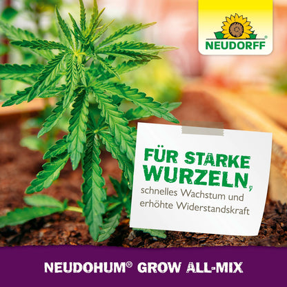 O plantă de cannabis prosperă într-un strat de grădină cu NeudoHum Grow All-Mix de la Neudorff Shop. Un semn în germană evidențiază rădăcini puternice, creștere rapidă, rezistență și înflorire. Logo-ul Neudorff și numele produsului sunt vizibile.