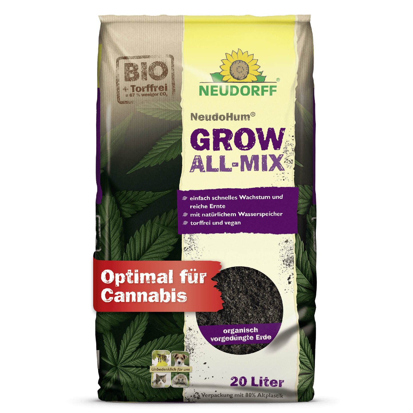 Un sac de 20 litri Neudorff Shop NeudoHum Grow All-Mix-Erde este ilustrat într-un ambalaj maro, violet și galben cu inscripția "Optimal pentru cannabis", care evidențiază creșterea rapidă, amestecul organic și îmbunătățirea înfloririi cu frunze de cannabis.