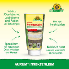 Un tub de Aurum InsektenLeim de la Neudorff Shop stă în picioare și are un text în limba germană despre protecția pomilor fructiferi împotriva furnicilor și a femelelor de molii de iarnă. Pe fundalul verde-galben se vede sigla Neudorff în partea de sus.