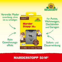 Este ilustrată o cutie cu inscripția "MarderStopp 50m2" de la Neudorff Shop, care indică protecția eficientă împotriva jderilor. Ambalajul arată două imagini cu jderi și informează despre aplicarea fiabilă și avantajele pentru respingerea jderilor.