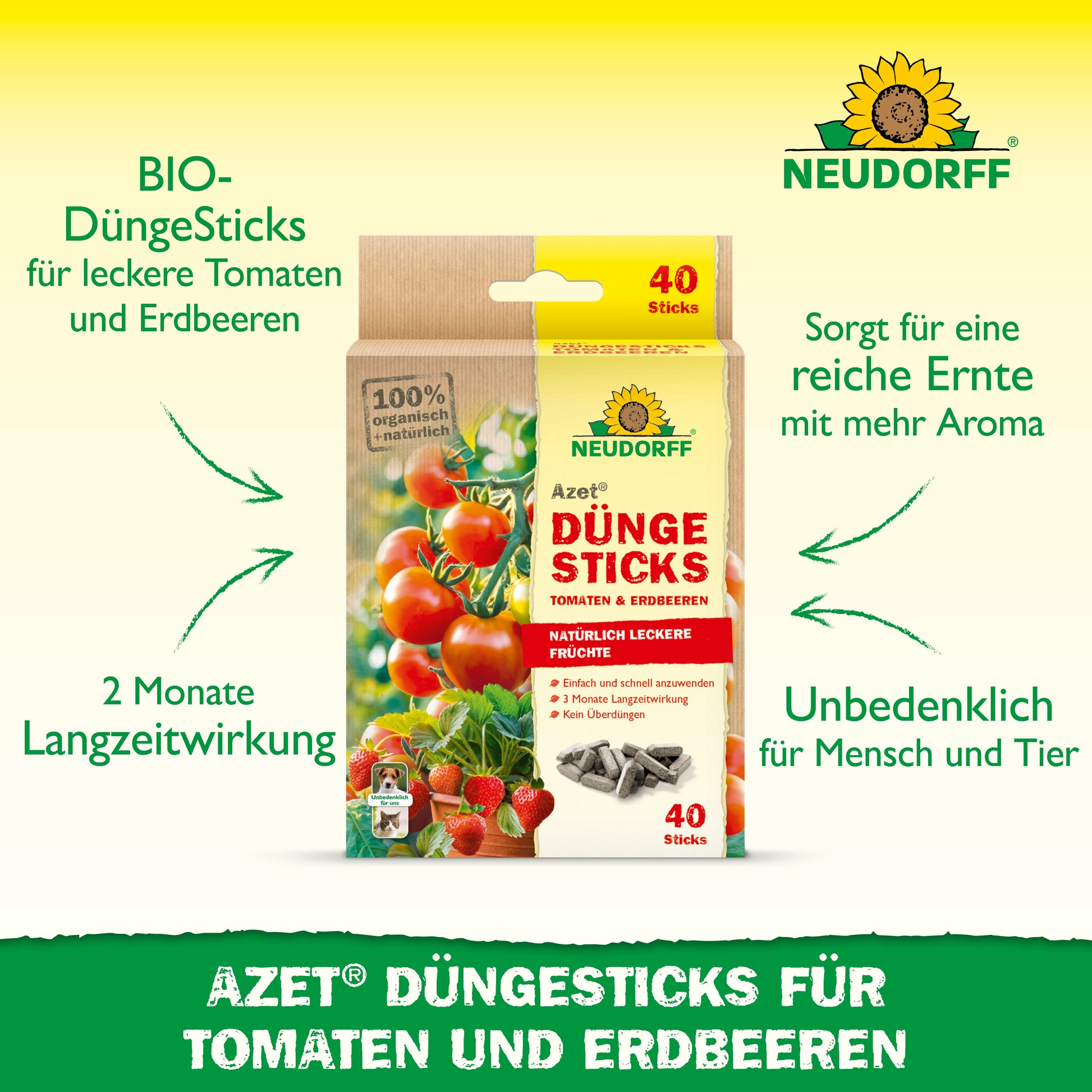 Neudorff Shop Azet Düngesticks für Tomaten & Erdbeeren: BIO-Dünger, Langzeitwirkung 2 Monate, sicher für Mensch und Tier, fördert aromareiche Ernte. Die Packung enthält 40 Sticks.
