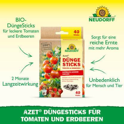 Neudorff Shop Azet Düngesticks für Tomaten & Erdbeeren: BIO-Dünger, Langzeitwirkung 2 Monate, sicher für Mensch und Tier, fördert aromareiche Ernte. Die Packung enthält 40 Sticks.