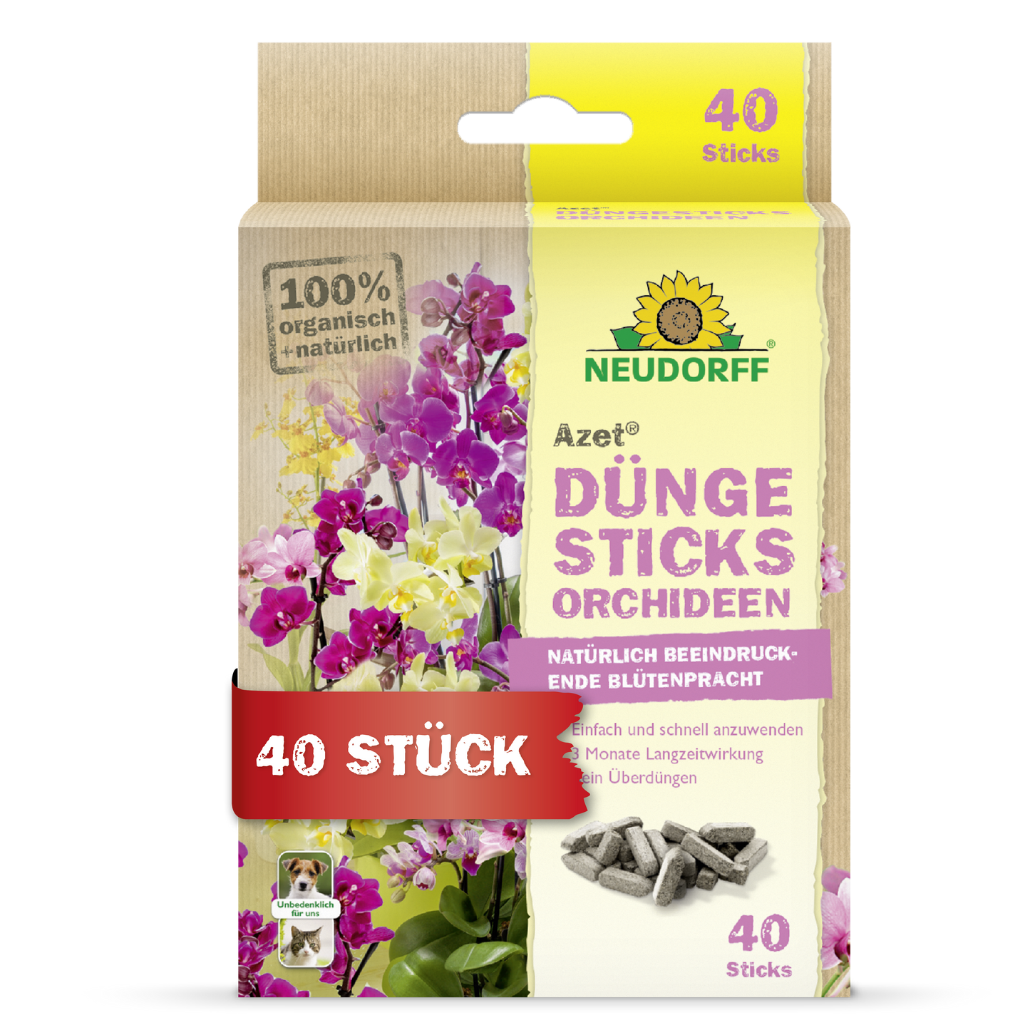 Eine Schachtel Azet Düngesticks für Orchideen von Neudorff Shop, die als 100% biologisch gekennzeichnet ist, enthält 40 Sticks, ist mit deutschem Text versehen, zeigt exotische Blüten und das gelbe Neudorff-Sonnenblumenlogo.