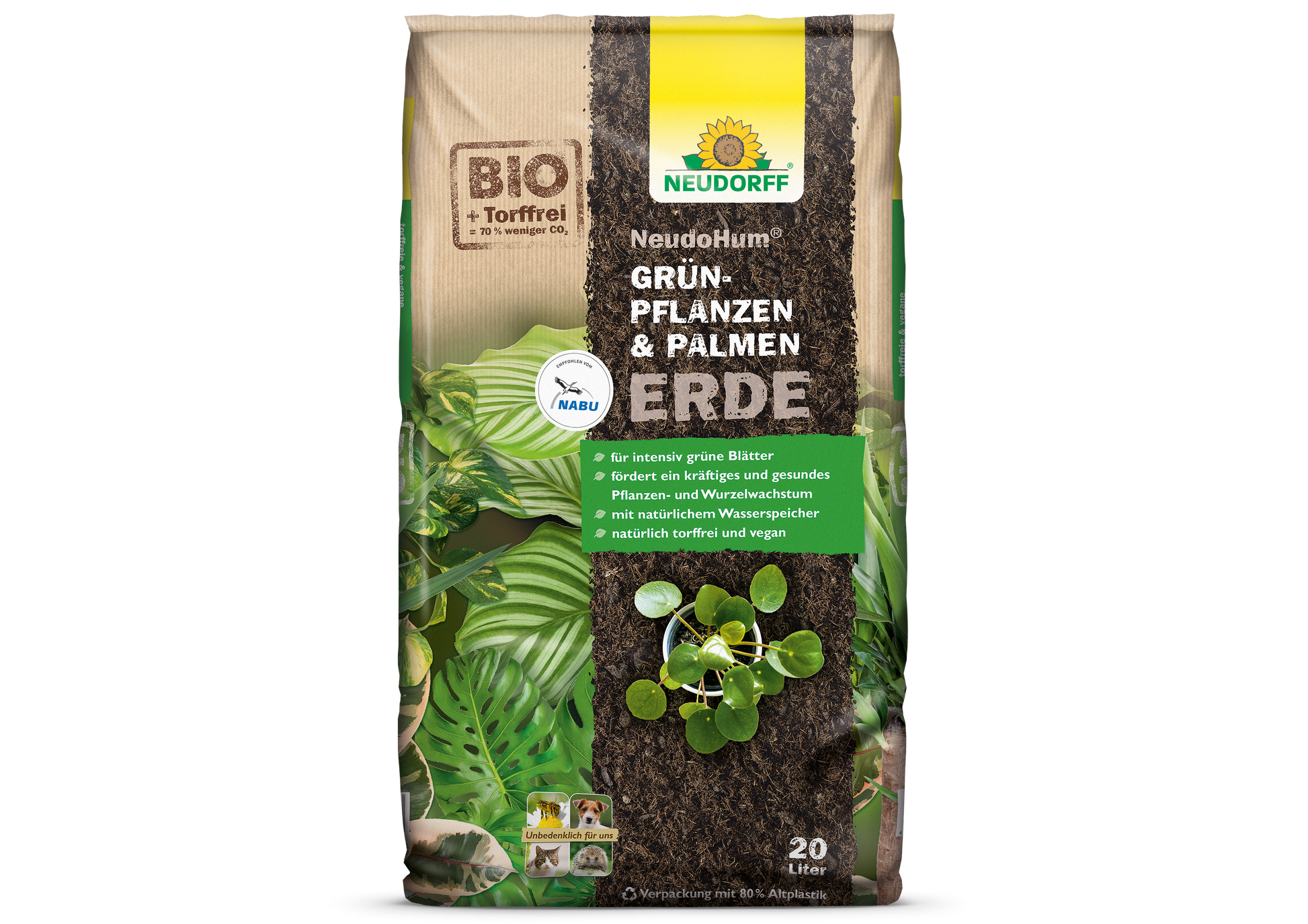 Ein 20-Liter-Sack Neudorff Shop NeudoHum Grünpflanzen- & PalmenErde, der auf der Verpackung mit grünen Blättern und Erde abgebildet ist, ist biologisch, torffrei und bietet eine hervorragende Wasserspeicherung. Der deutsche Text hebt die nachhaltige Zusammensetzung hervor.