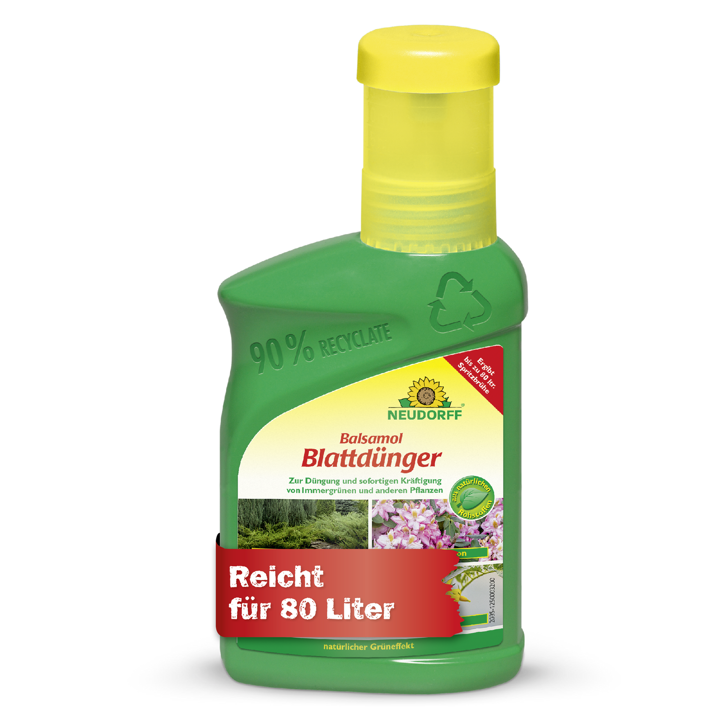 Eine grüne Kunststoffflasche von Neudorff Shop Balsamol Blattdünger mit gelbem Verschluss; geeignet für 80 L, ideal für Nadelgehölze und Immergrüne, und hergestellt aus 90% recyceltem Kunststoff.