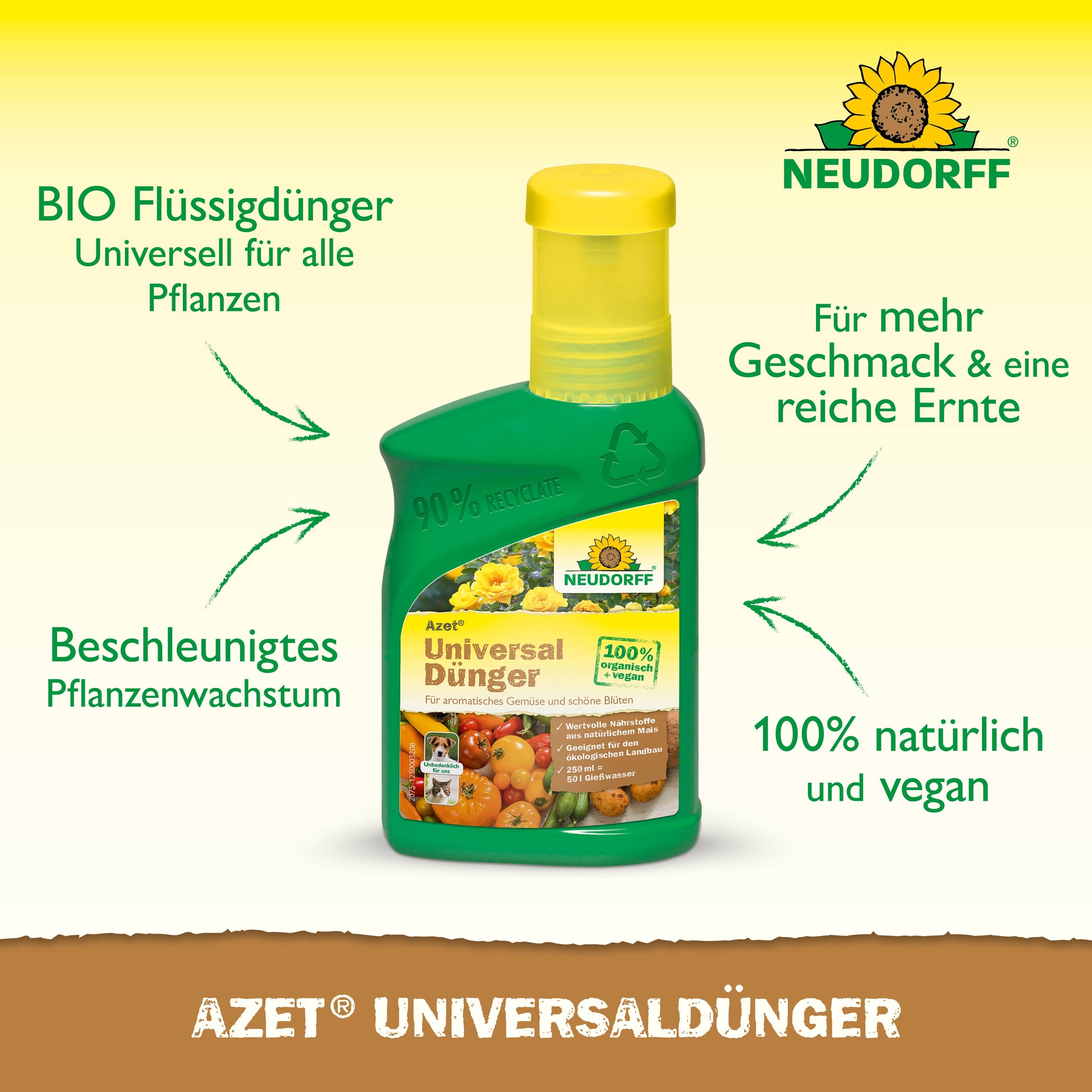 Abgebildet ist eine grün-gelbe Flasche Azet UniversalDünger flüssig von Neudorff Shop mit einem deutschen Text, der die biologische, vegane Formel für schnelleres Pflanzenwachstum und ausgewogene Nährstoffe für reichere Ernten hervorhebt.