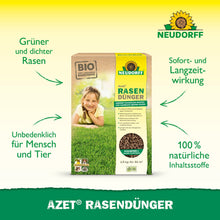 Azet RasenDünger 2,5-5 kg de la Neudorff Shop este ilustrat; textele verzi subliniază "100% ingrediente naturale" și "Efect imediat și de lungă durată" pentru o suprafață de gazon densă pe un fundal galben-verde.
