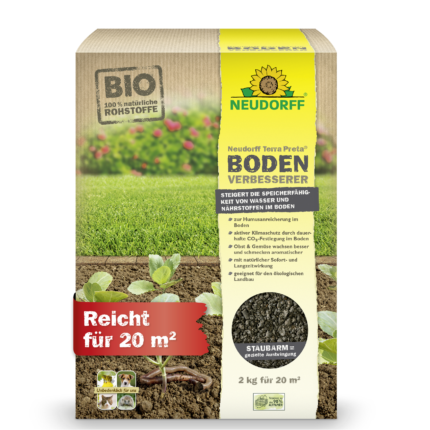 Der 2 kg Terra Preta BodenVerbesserer von Neudorff Shop deckt 20 m² ab und ist ideal zur Verbesserung von Rasen-, Obst- und Gemüseböden. Die deutsche Verpackung zeigt Setzlinge, Erde, BIO-Zertifizierung und ein Staubarm-Symbol.