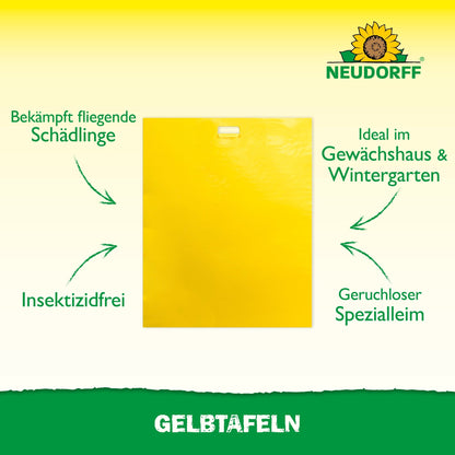 Neudorff Shop Plăci Galbene (format mare) capcană adezivă combate dăunătorii plantelor fără insecticide, este ideală pentru sere și grădini de iarnă, folosește un adeziv special fără miros și are logo-ul Neudorff în partea de sus.
