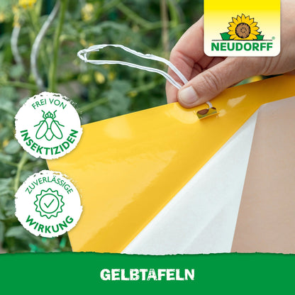 O mână atârnă o Placă Galbenă (format mare) din Neudorff Shop într-o grădină pentru a se proteja de dăunătorii plantelor. Imaginea arată logo-ul Neudorff, sigiliul pentru aplicare fără insecticide și eficientă și "PLĂCI GALBENE" în partea de jos.