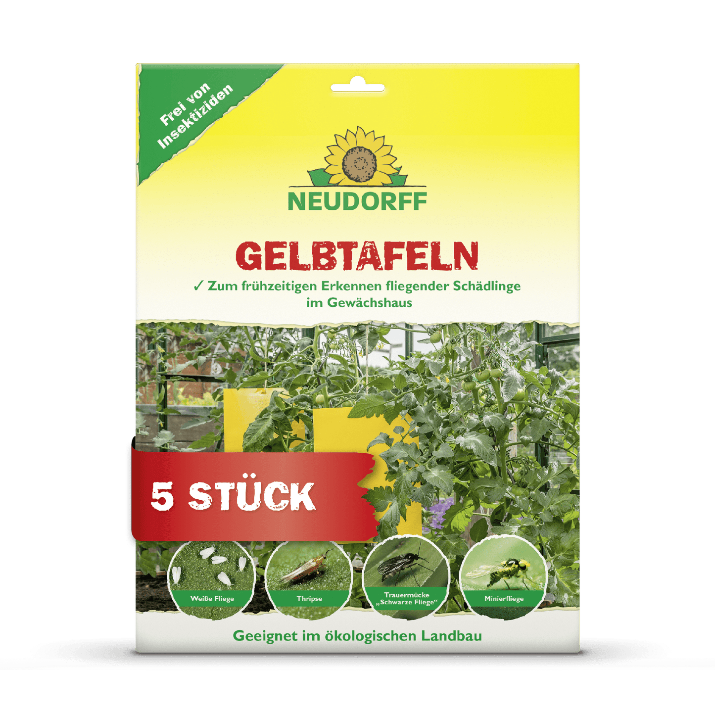 Vedere din față a ambalajului Neudorff Shop Plăci Galbene (format mare) cu cinci capcane pentru detectarea timpurie a dăunătorilor plantelor în sere, cu imagini de plante și insecte capturate. Textul de pe ambalaj este în limba germană.