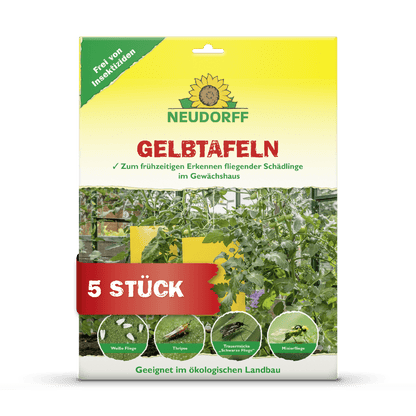 Vedere din față a ambalajului Neudorff Shop Plăci Galbene (format mare) cu cinci capcane pentru detectarea timpurie a dăunătorilor plantelor în sere, cu imagini de plante și insecte capturate. Textul de pe ambalaj este în limba germană.