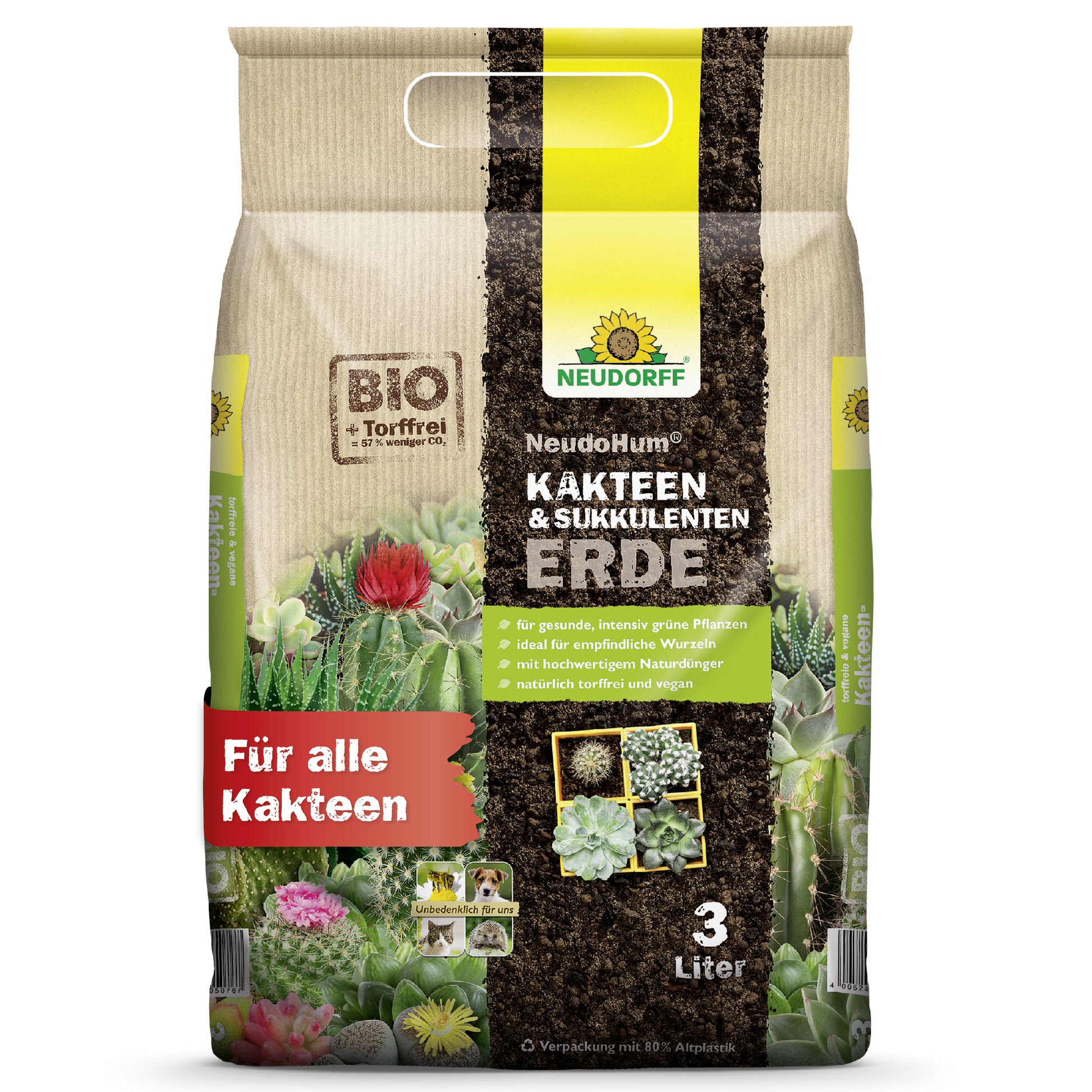 Ein 3-Liter-Beutel Neudorff Shop NeudoHum Kakteen & SukkulentenErde, ideal für alle Kakteen und Sukkulenten, in beiger Verpackung mit grün-gelben Akzenten, Kakteenbildern und rotem Text "Für alle Kakteen".