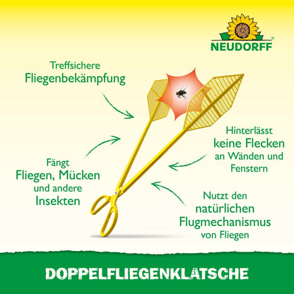 Două Doppelfliegenklatschen galbene din Neudorff Shop se încrucișează într-un X și lovesc o muscă în mijloc. Textul german explică cum să prinzi muște și să îndepărtezi insectele fără pete. Sus este afișat logo-ul Neudorff.