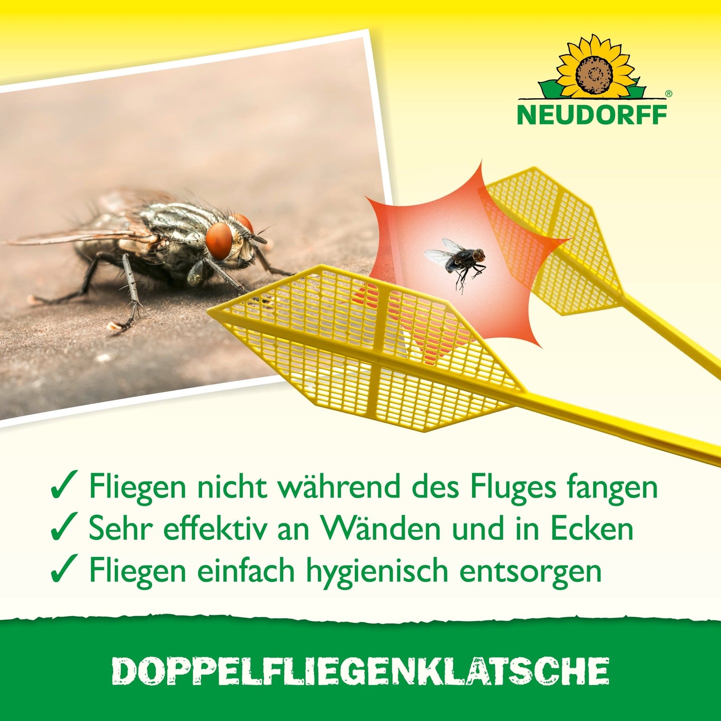 Lângă un prim-plan al unei muște domestice, se văd două Doppelfliegenklatschen galbene din Neudorff Shop cu grafică de insecte. Textul german subliniază prinderea muștelor ușor și fără pete. Logo-ul Neudorff este plasat în dreapta sus.