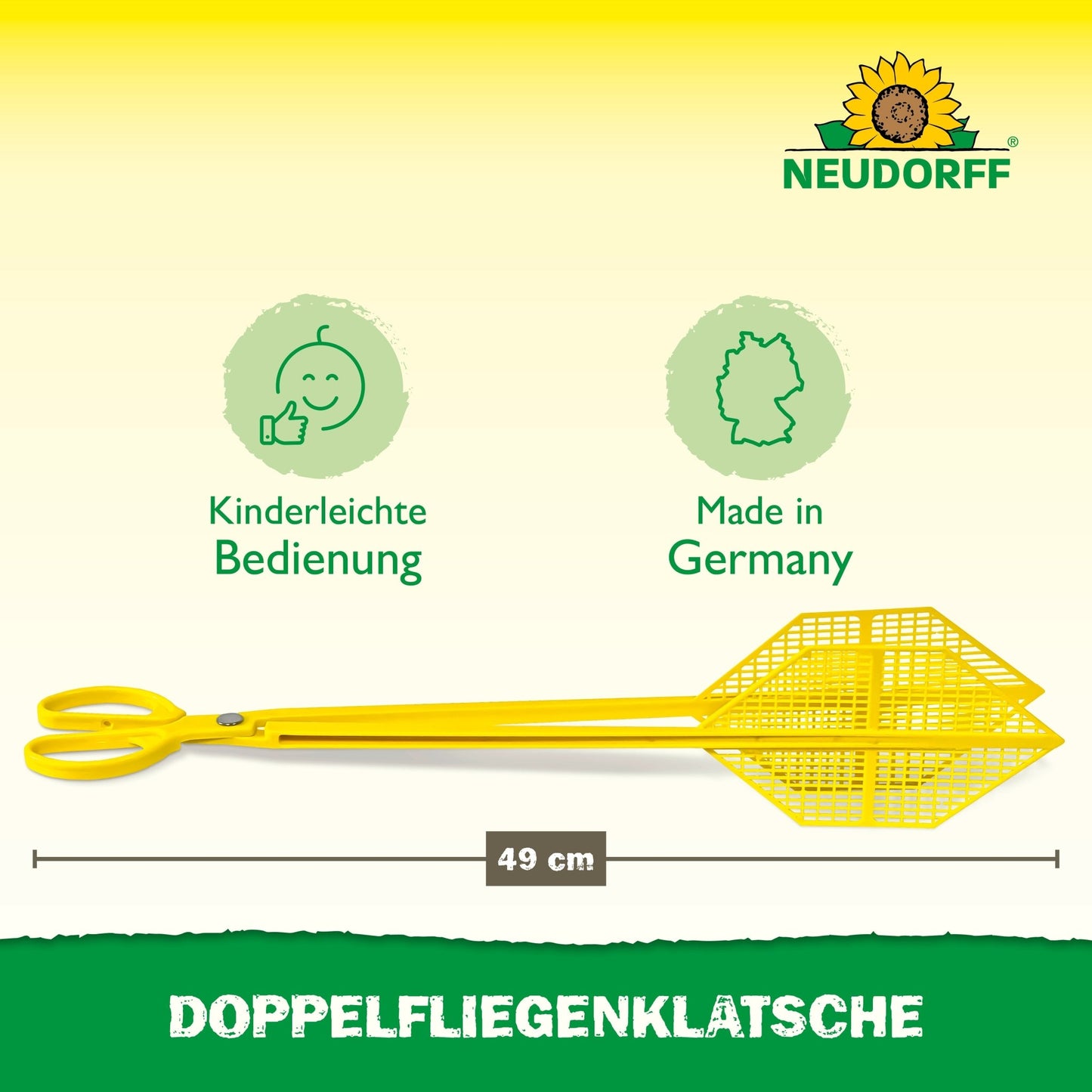 O Doppelfliegenklatsche galbenă (49 cm) din Neudorff Shop este ilustrată orizontal. Pictogramele arată "easy to use" și "made in Germany". Deasupra textului apare logo-ul Neudorff cu floarea-soarelui: "Doppelfliegenklatsche - prinde muște fără pete.