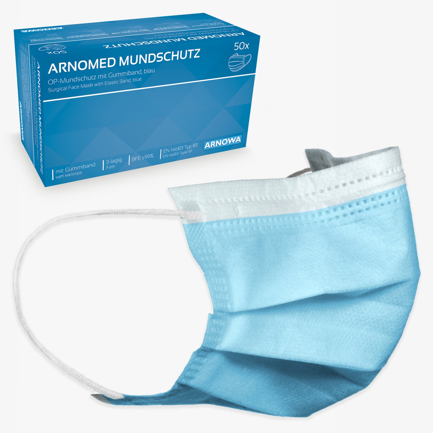 Hinter einer einzelnen hellblauen Einwegmaske mit weißen elastischen Ohrschlaufen steht eine blaue Schachtel mit der Aufschrift "ARNOMED MUNDSCHUTZ TYP IIR OP-Mundschutz mit Gummibändern Typ IIR" der ARNOWA GmbH, mit einer Maskenabbildung und deutschem Text.