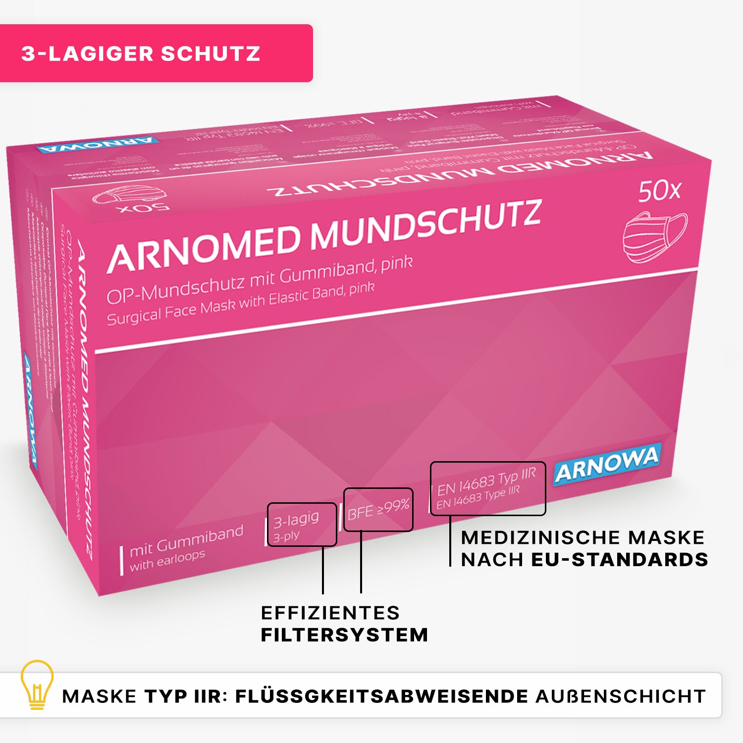 Eine rosafarbene Schachtel der ARNOWA GmbH mit der Aufschrift "ARNOMED Mundschutz Typ IIR" enthält 50 OP-Mundschutz mit Gummibändern, die einen 3-lagigen Schutz und eine effiziente Filtration bieten und den EU-Normen entsprechen.