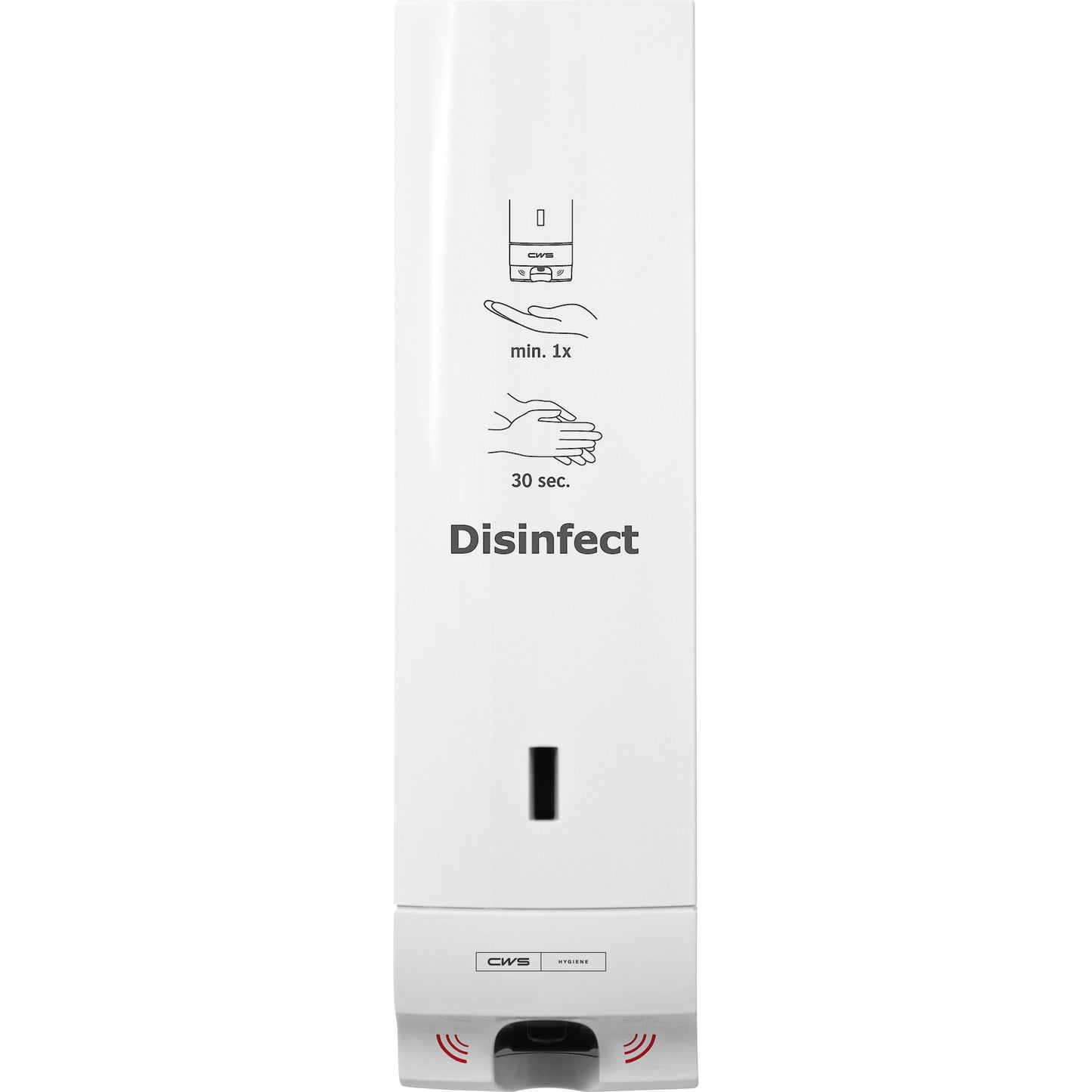 Distribuitorul de dezinfectant CWS ParadiseLine Disinfect Non touch, cu panou alb, este un distribuitor de dezinfectant alb, montat pe perete, de la CWS, cu autocolant "Disinfect" și instrucțiuni ilustrate pentru o pompă și 30 de secunde de dezinfectare a mâinilor.