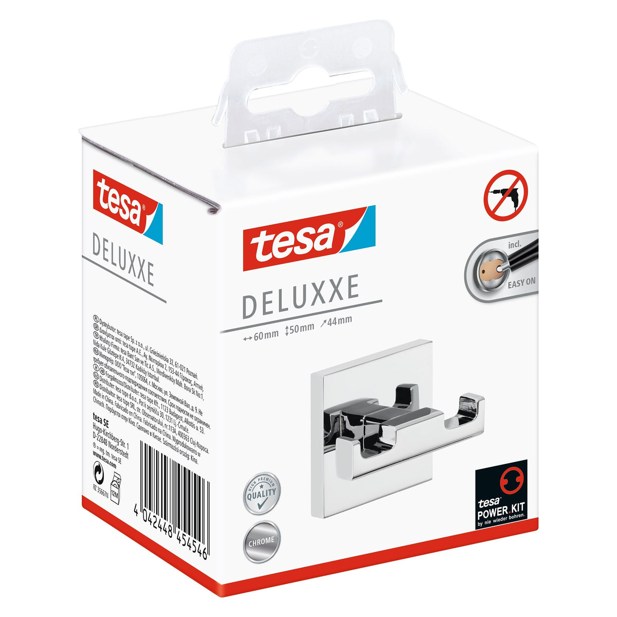 tesa DELUXXE Garderobenhaken doppelt, Metall, verchromt, inkl. Klebelösung