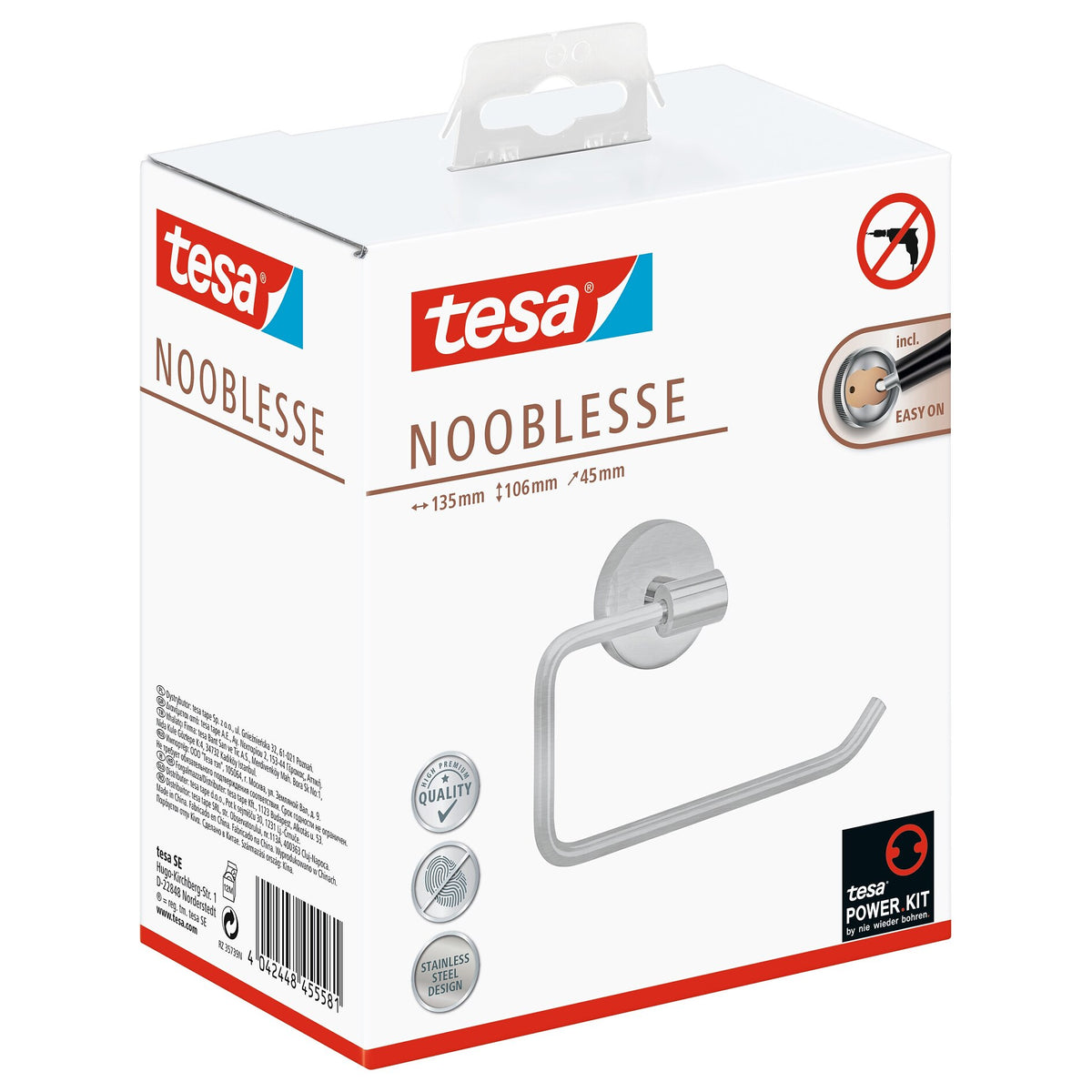 tesa Nooblesse Toilettenpapierhalter ohne Deckel, Edelstahloptik, inkl. Klebelösung