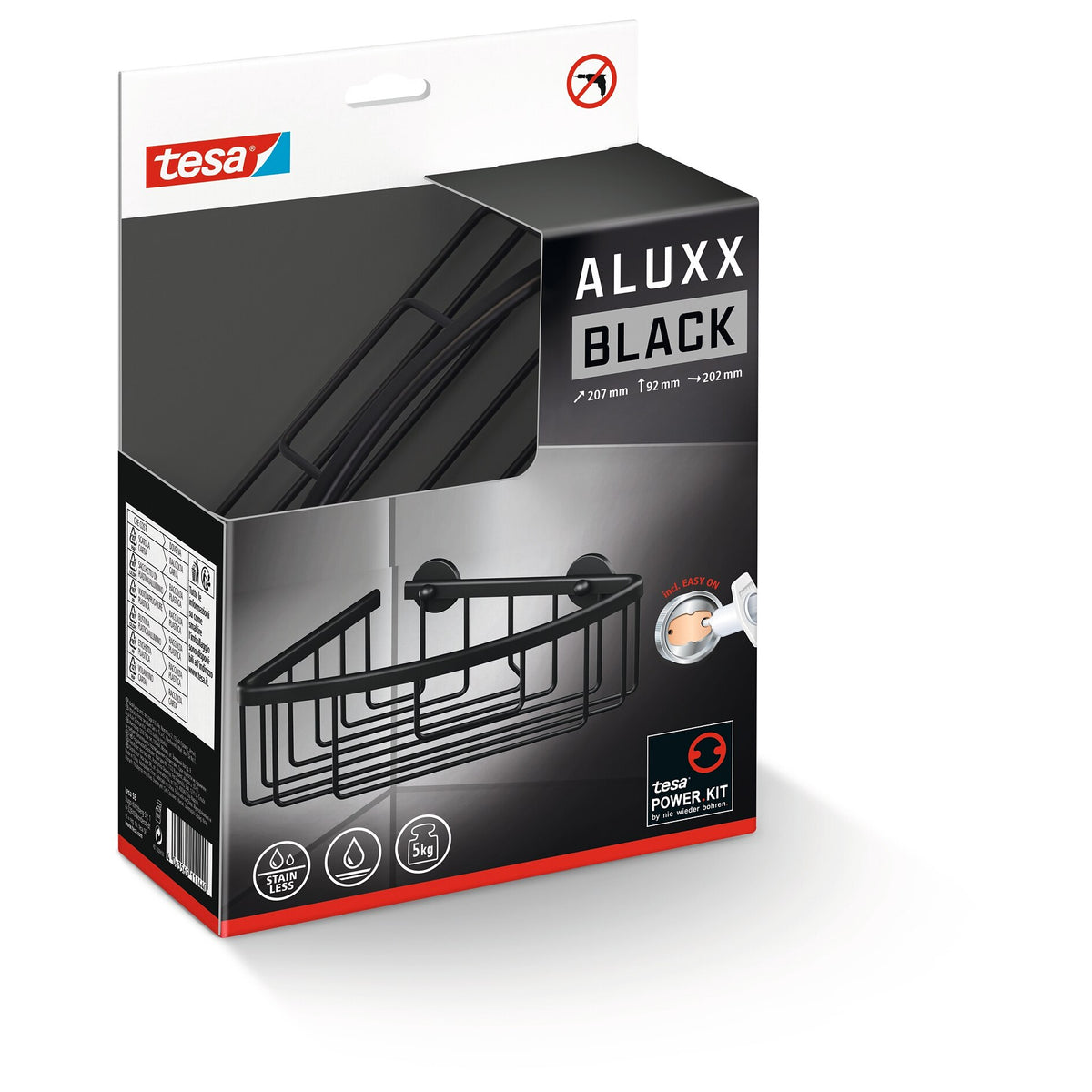 tesa ALUXX BLACK Eck-Duschablage, mattschwarz, für Dusche und Badewanne