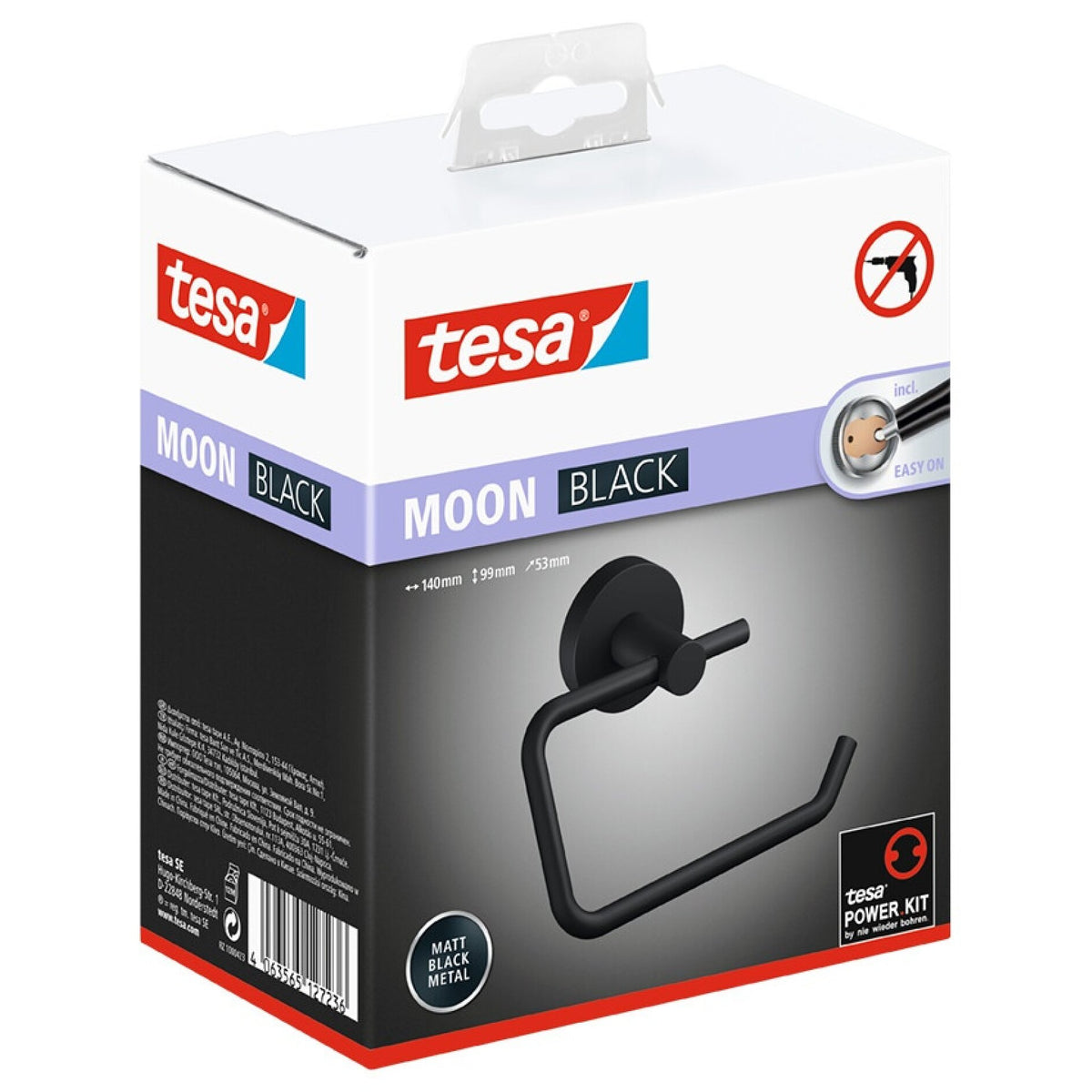 tesa MOON BLACK Toilettenpapierhalter, schwarz matt, inkl. Klebelösung