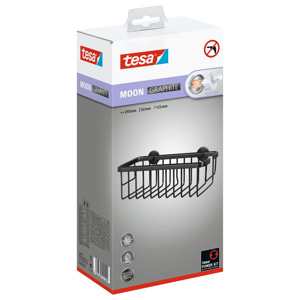 tesa MOON Graphite Duschkorb einzeln, selbstklebend, Metall PVD beschichtet