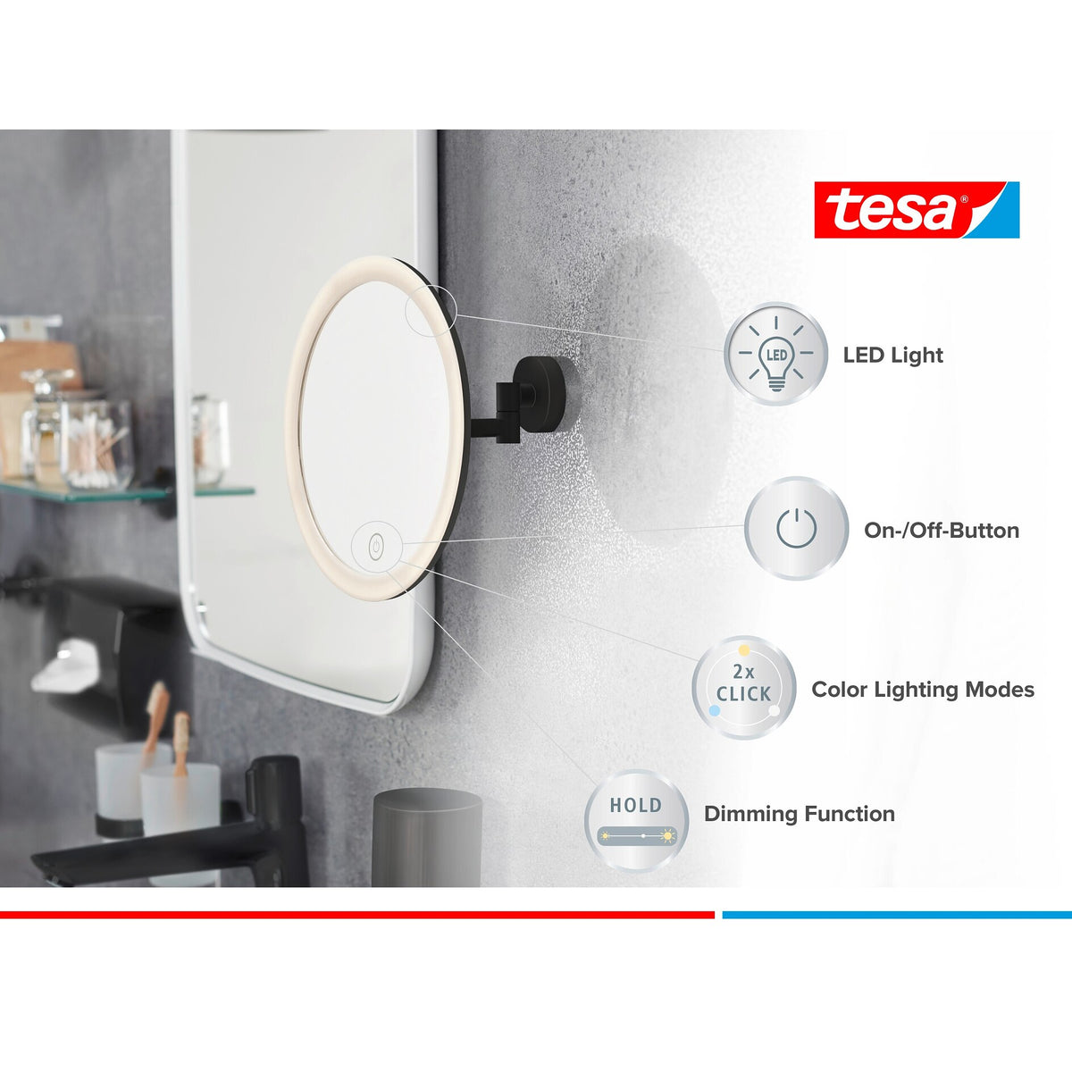 tesa VISIOON LED-Kosmetikspiegel Schwenkarm, selbstklebend, mattschwarz pulverbeschichtetes Metall, mattschwarzer Kunststoff – Produktmerkmale