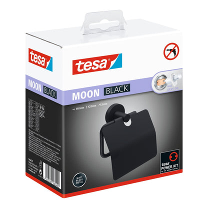 tesa MOON BLACK Toilettenpapierhalter mit Deckel, selbstklebend, schwarzes Pulver aus schwarz