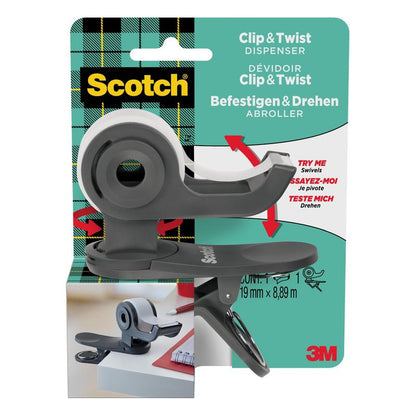 Dispenserul de bandă adezivă Scotch™ Clip & Twist C19 de la 3M Deutschland GmbH este prezentat într-un ambalaj cu o rolă de bandă adezivă invizibilă Scotch® Magic™ (19 mm × 8,89 m), fixată de marginea unei mese. Brandingul și instrucțiunile de utilizare sunt vizibile.