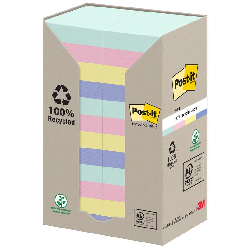 O cutie de notițe Post-it® Recycling de la 3M Deutschland GmbH, 38 x 51 mm, 100 foi pe bloc, fabricată din material certificat 100% PEFC. Ambalajul prezintă bilețele în culori pastel și simboluri de reciclare.