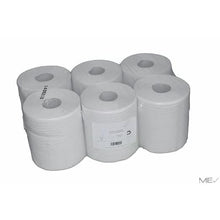 Sechs Handtuchrollen Midi, 2-lagig, weiß (je 20 cm x 140 m) von Abena Re-Seller GmbH sind in klarem Kunststoff mit einem weißen Etikett verpackt. Die Verpackung enthält 6 Rollen und erscheint vor einem schlichten weißen Hintergrund.