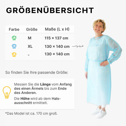 Eine Größentabelle für ARNOMED PROTECT PP-SCHUTZKITTEL von ARNOWA GmbH zeigt M und XL in blau/grün. Rechts ist eine Frau (ca. 170 cm) in einem hellblauen Einweg Schutzkittel abgebildet. Größenangaben und Infos zum Polypropylen-Vlies finden Sie unterhalb der Tabelle.