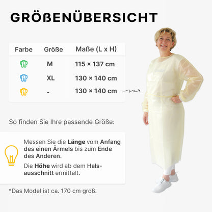 Eine Frau in einem ARNOMED Virendichter Einweg Schutzkittel, Gelb (ARNOWA GmbH) lächelt neben einer deutschen Größentabelle, auf der die Farben, Größen und Abmessungen des Kittels angegeben sind, mit Messanweisungen für Länge und Höhe darunter.