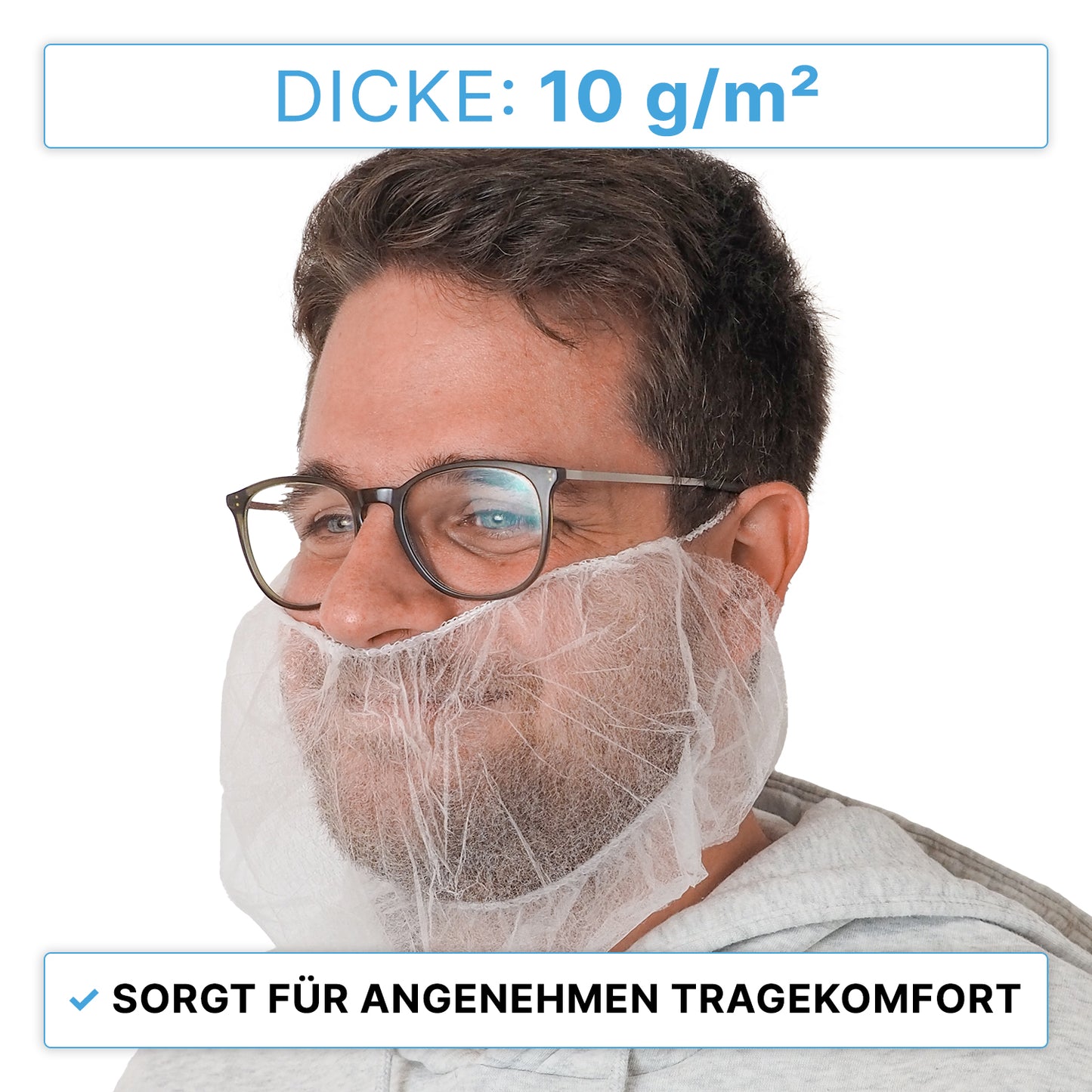 Ein Mann mit Brille trägt einen ARNOMED PP-Bartschutz Weiß (ARNOWA GmbH), 10 g/m², über Mund und Kinn. Der hypoallergene Einweg-Bartschutz mit Gummizug sorgt für Komfort. Text: "DICKE: 10 g/m²", "Sorgt für angenehmen Tragekomfort.
