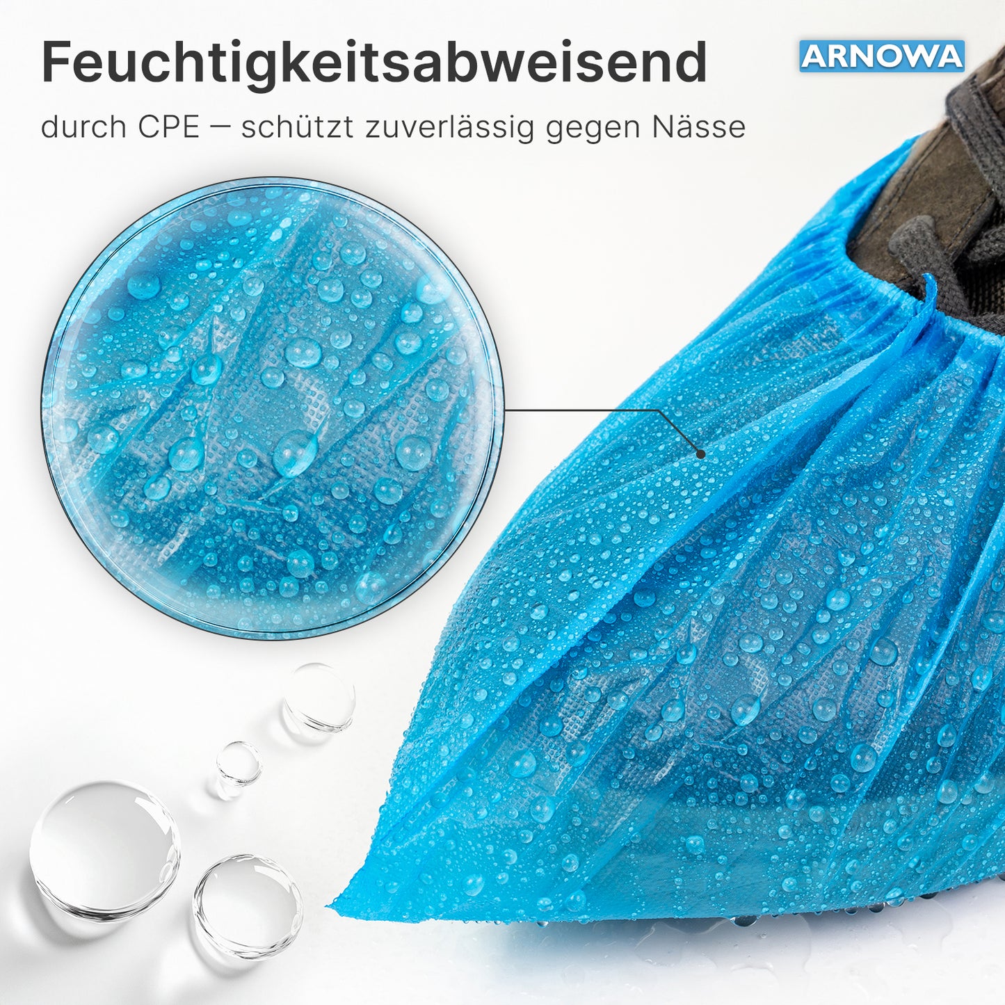 Die ARNOMED CPE Schuhüberzieher von ARNOWA GmbH sind wasserdicht, feuchtigkeitsabweisend und schützen Ihre Schuhe zuverlässig vor Nässe. Einweg, 100 Stück pro Beutel.