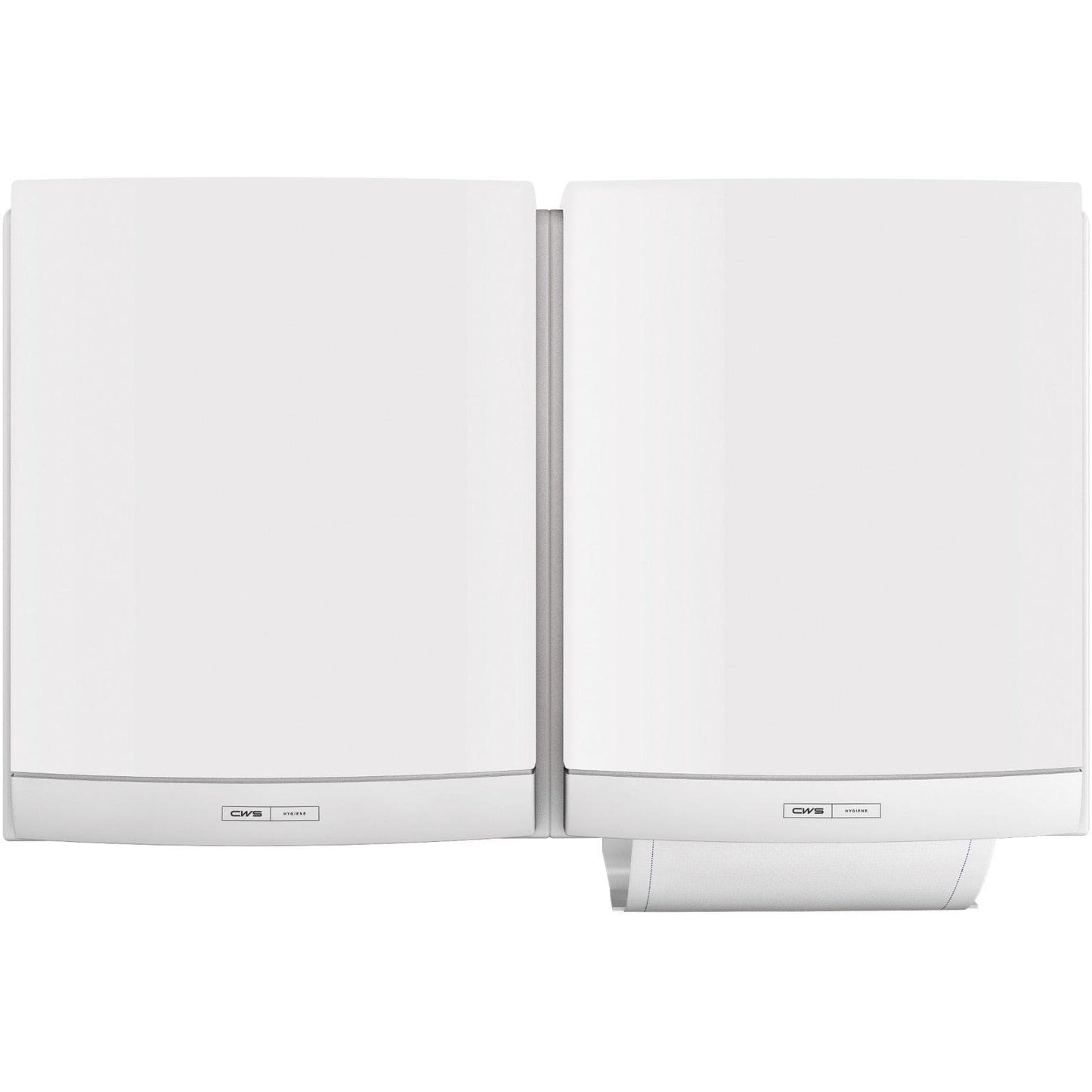 Zwei weiße CWS ParadiseLine Stoffhandtuchspender DUO inklusive Panel sind nebeneinander montiert. Der rechte Spender zeigt ein teilweise gespendetes Handtuch und bietet eine hygienische Lösung mit kleinen Etiketten in Bodennähe. Marke: CWS.