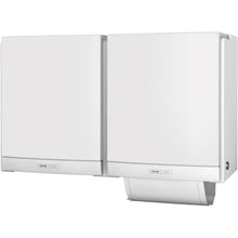 Zwei weiße CWS ParadiseLine Stoffhandtuchspender DUO mit Panel Weiß sind nebeneinander montiert und stellen eine umweltfreundliche und hygienische Lösung für Waschräume dar. Ein Handtuch ist in der umweltfreundlichen Einheit sichtbar.